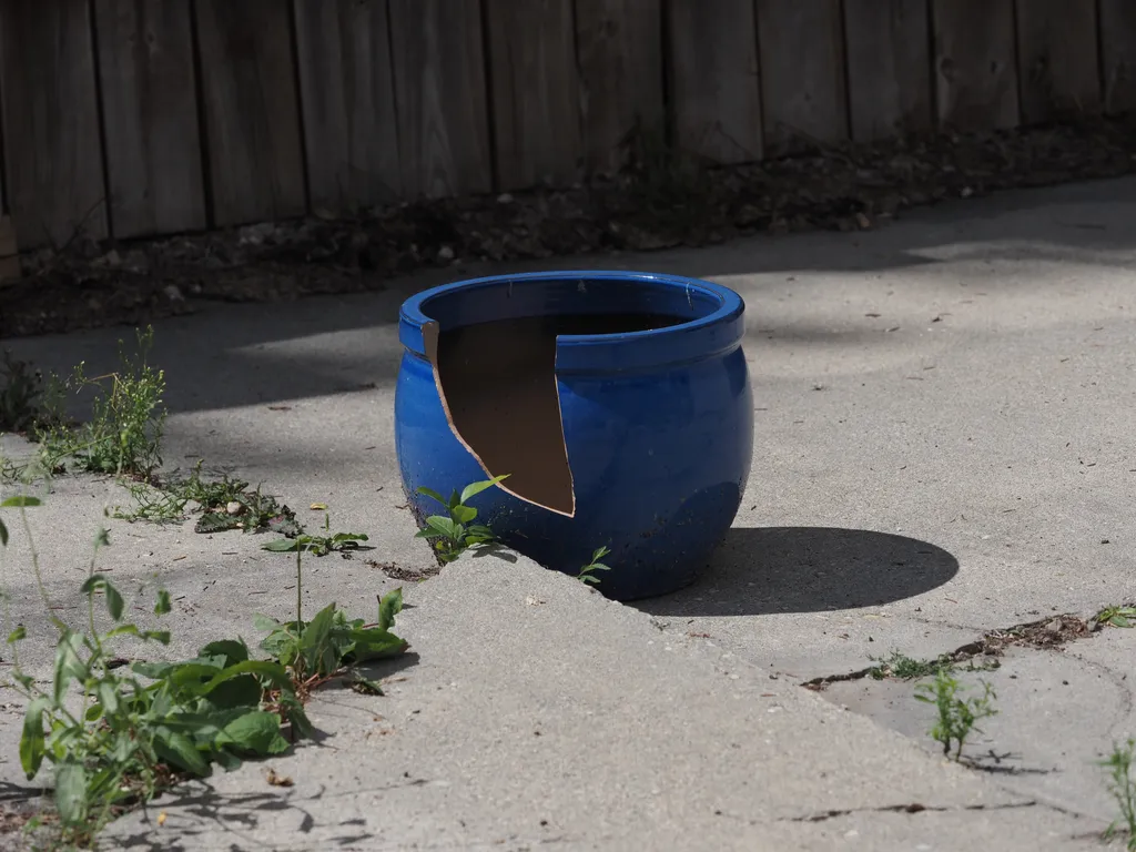 a large blue pot with a segment missing sitting on cracked cement with weeds growing out