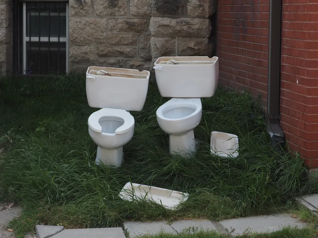 a pair of toilets sitting in the grass