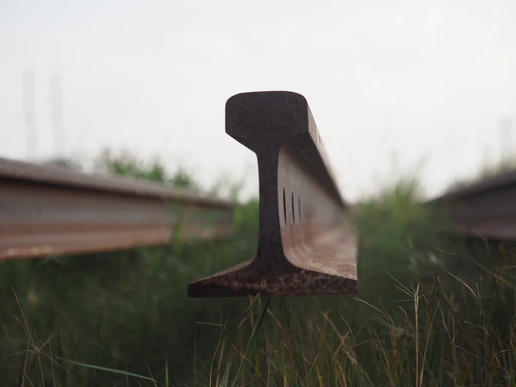 rusted train rails sitting in the grass