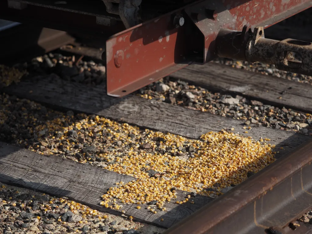 kernels of corn scattered on a train track