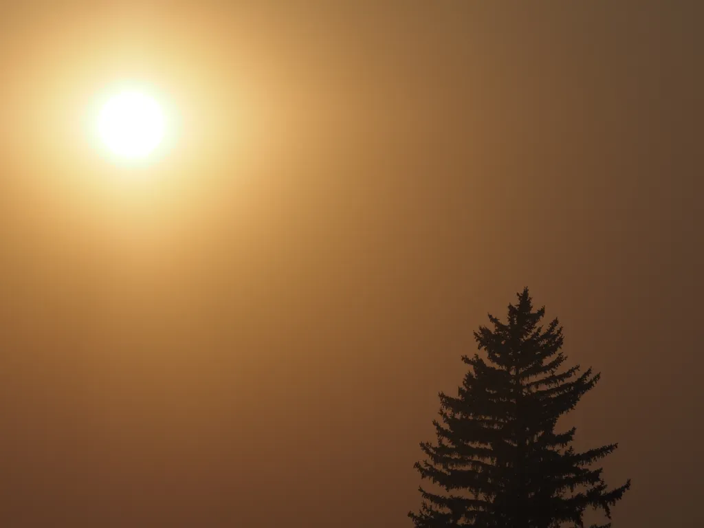 the sun setting in a piss-yellow hazy sky