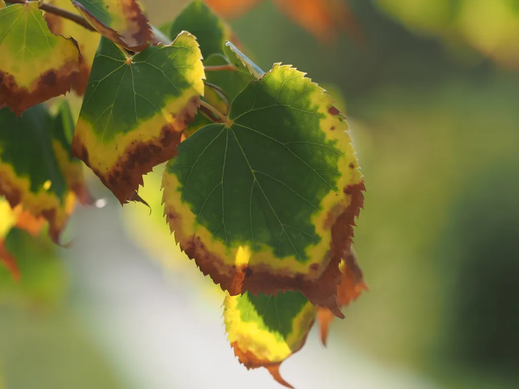 leaves whose edges are turning from green to yellow to red as they age