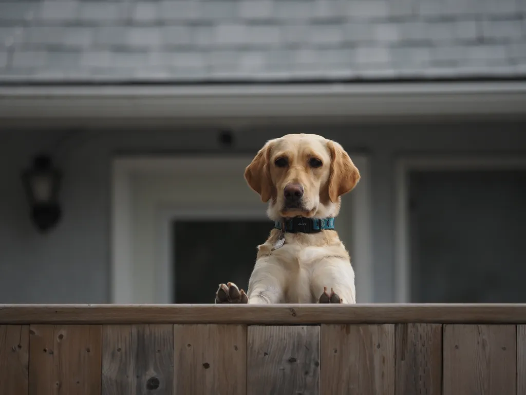 a dog staring over a tall fence