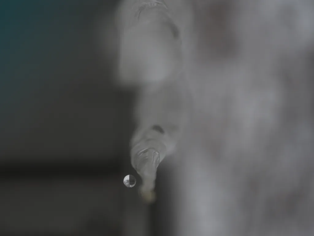 A water droplet falling from an icicle on a roof