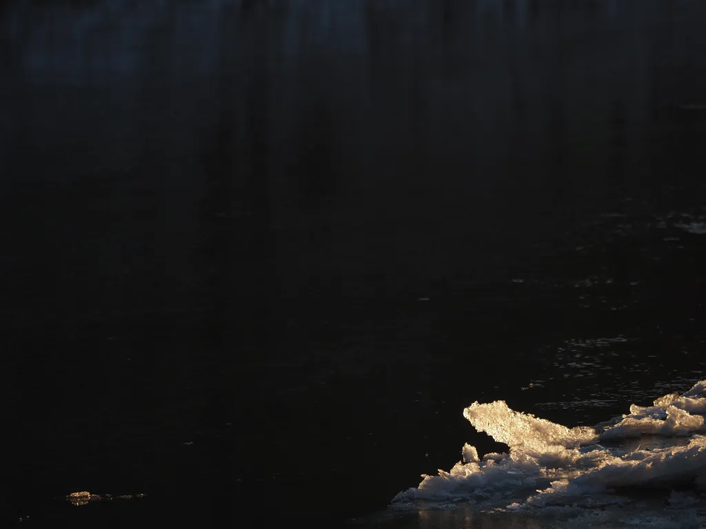 ice at the edge of a river glowing in evening sun