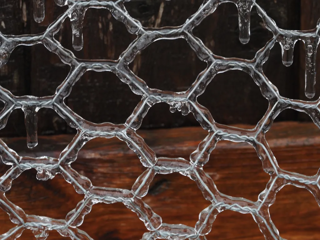 ice around a chickenwire fence