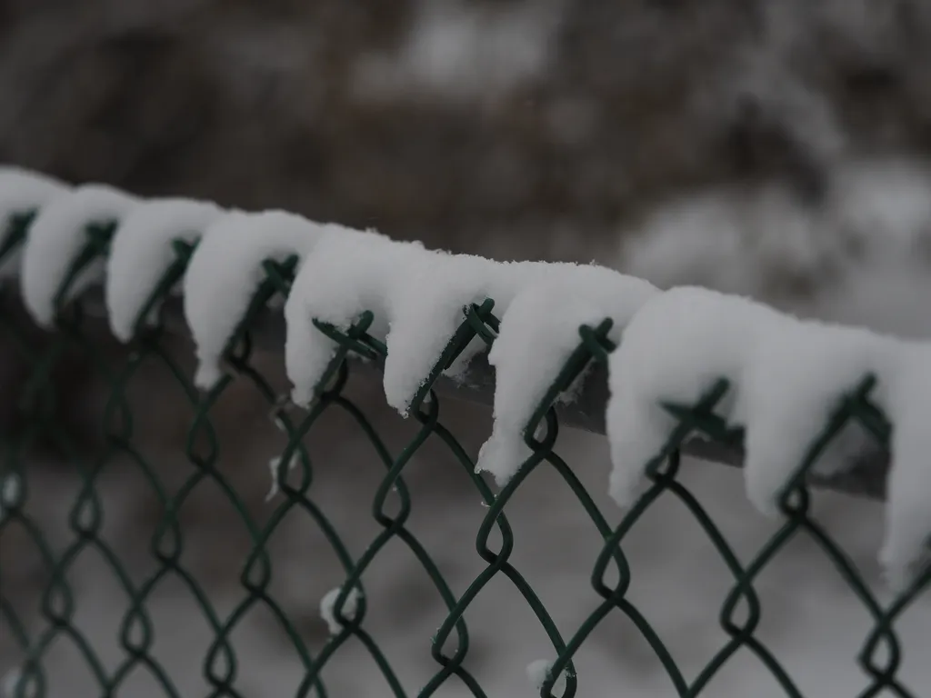 snow formed to the triangless at the top of a chain-link fence