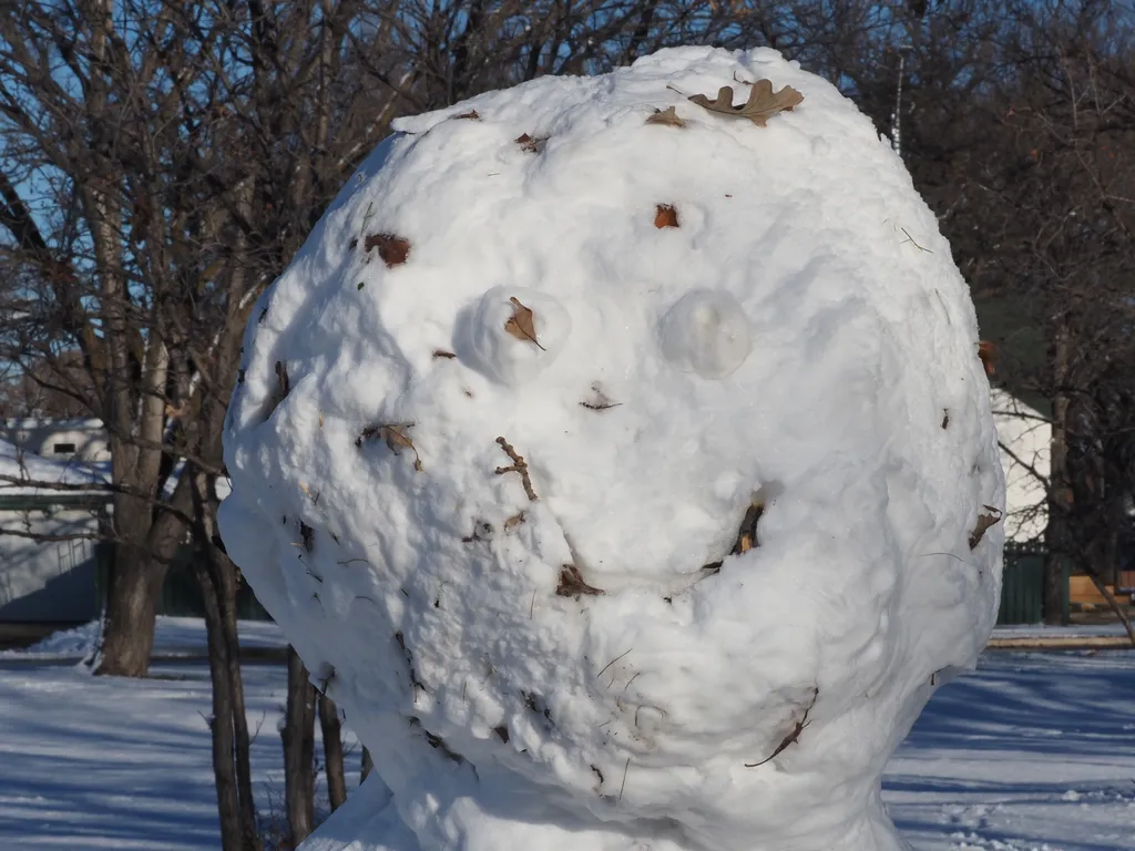 a leaf-covered snowman with bulbous eyes