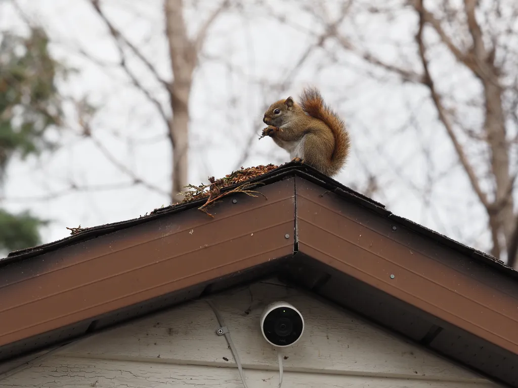 a squirrel perched on the tip of a roof, safely out of view of a security camera