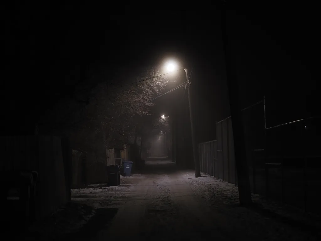 a back alley lit by streetlight on a foggy night