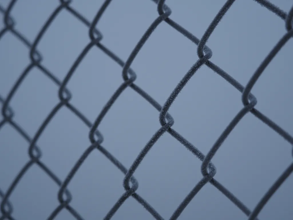 frost on a fence on a foggy morning