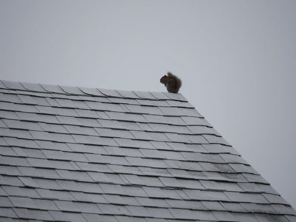 a squirrel on a frosty roof on a foggy day