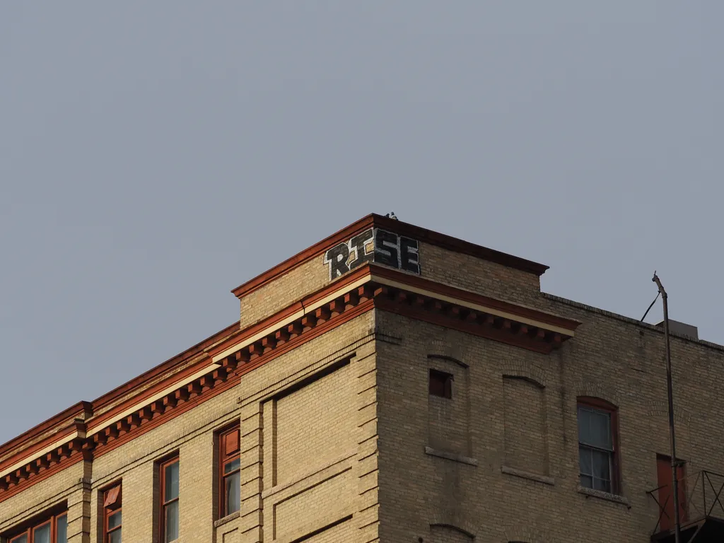 two pigeons meeting at the top of an old brick building