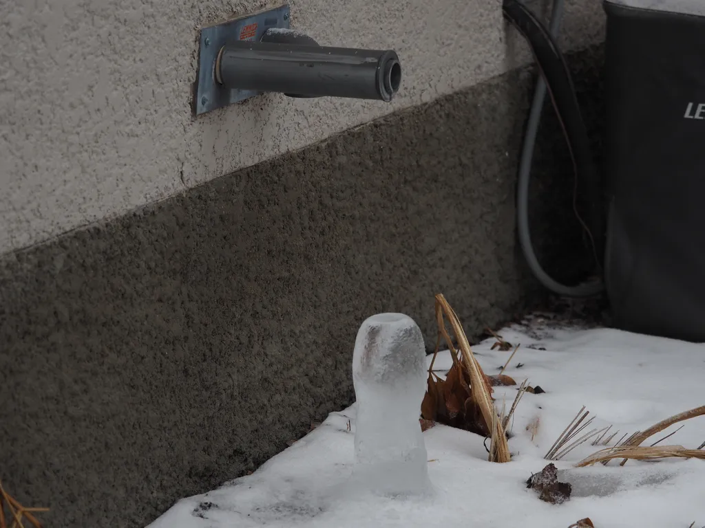 a large ice stalagmite formed under a pipe