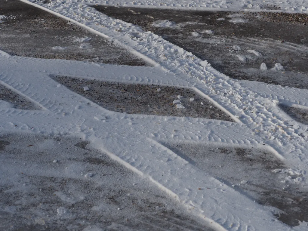 compressed snow in the shape of tire tracks