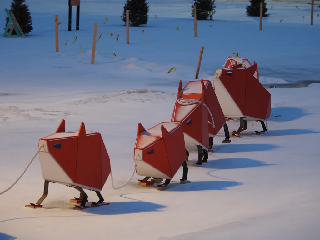 flying pig sculptures on a frozen river