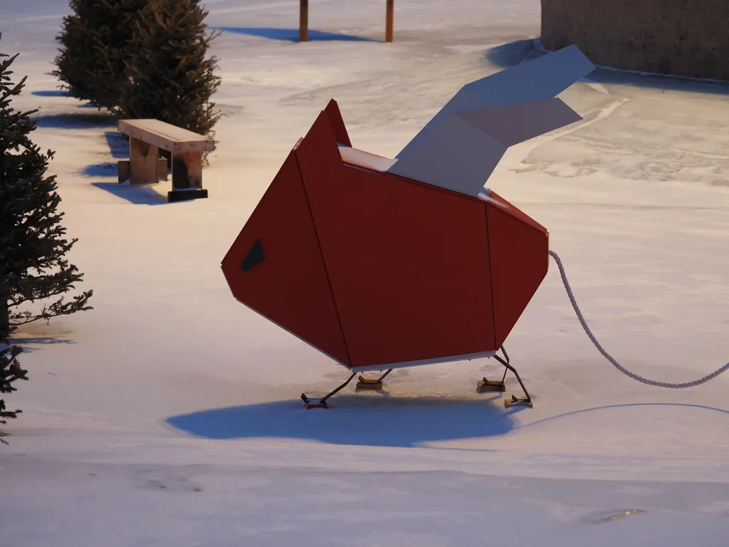 flying pig sculptures on a frozen river