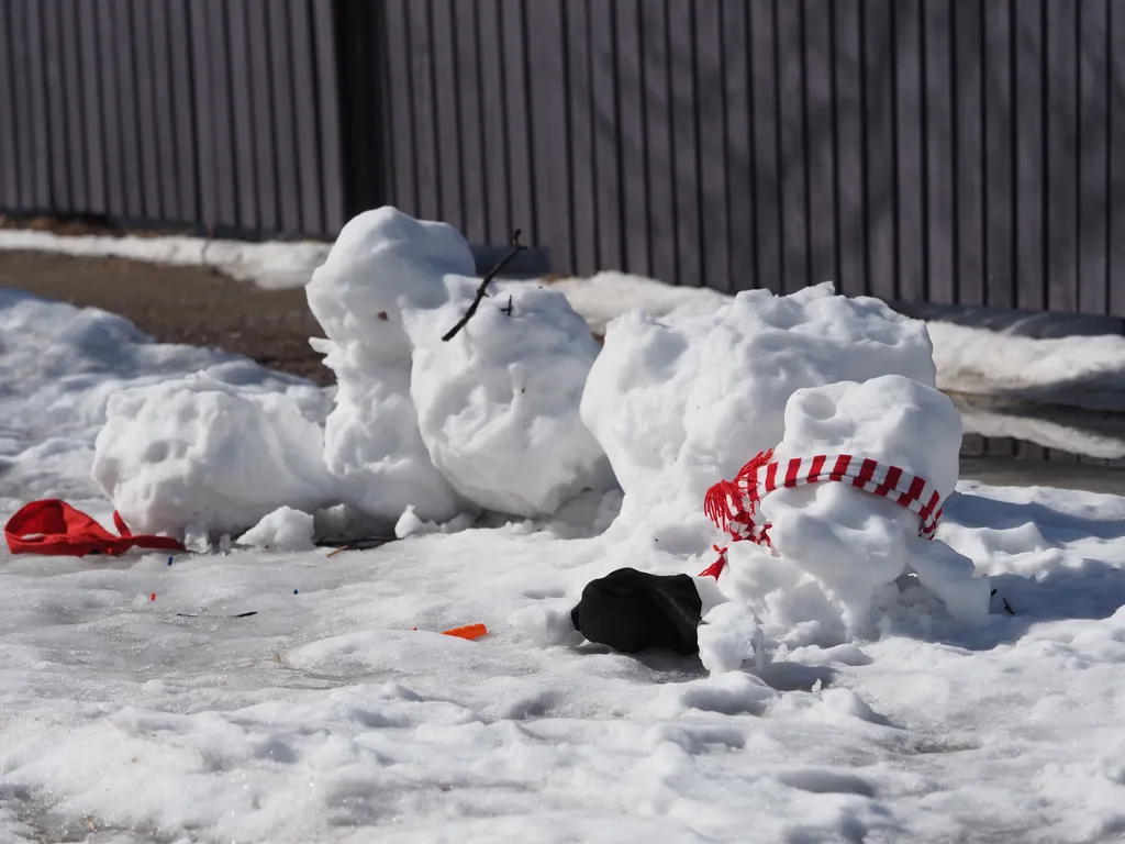 a melting family of snowmen