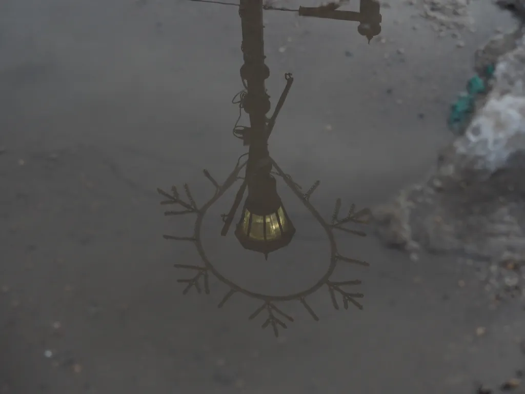 a streetlight reflected in a puddle