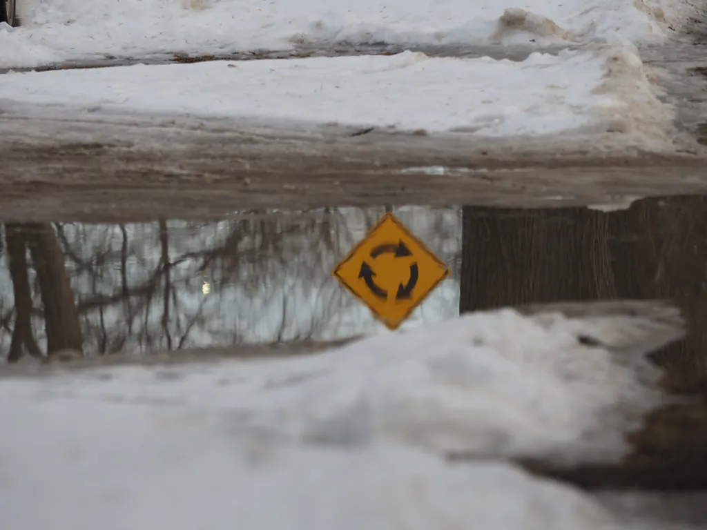 a street sign reflected in a puddle