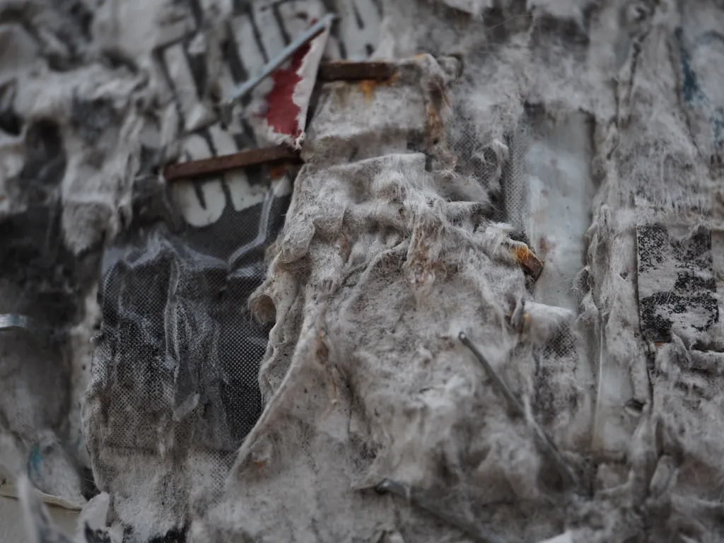 scraps of sopping paper held to a utility pole with rusty staples