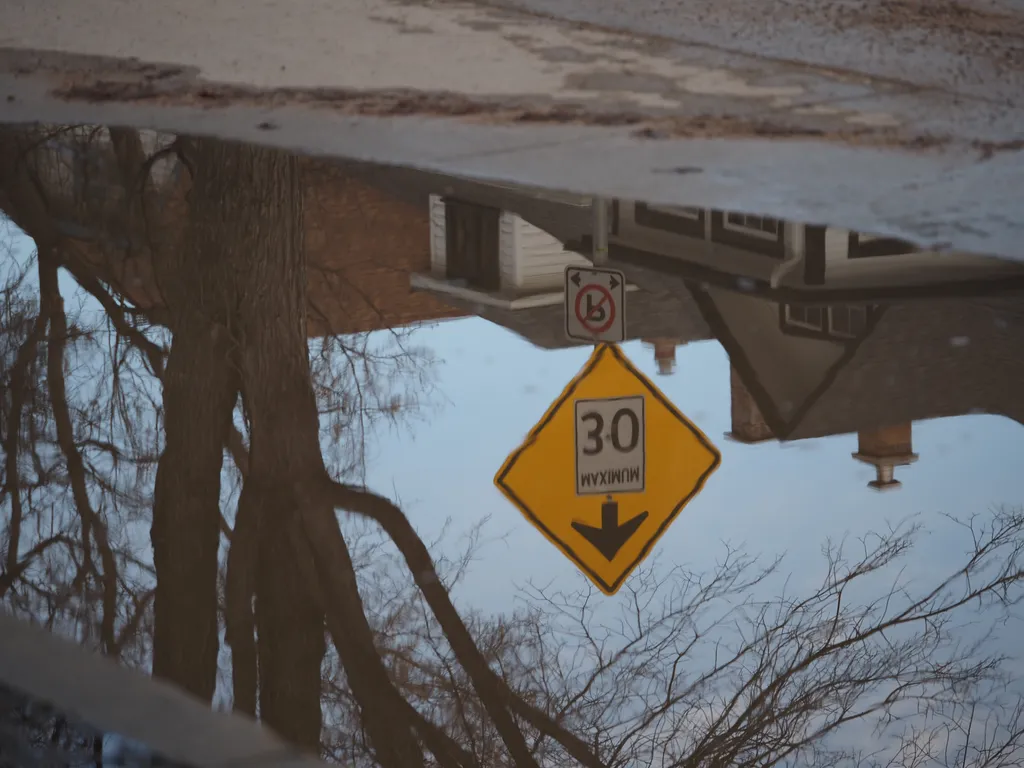 a street sign reflected in a puddle