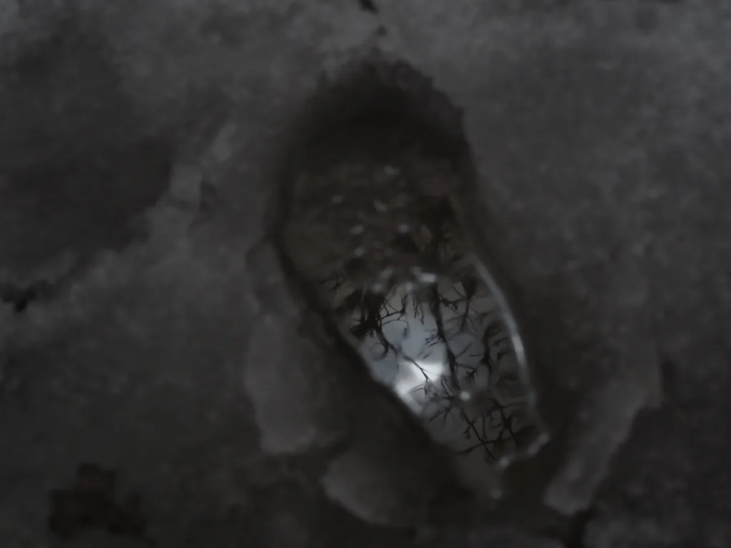 a solar eclipse reflected in a puddle in a slushy footprint