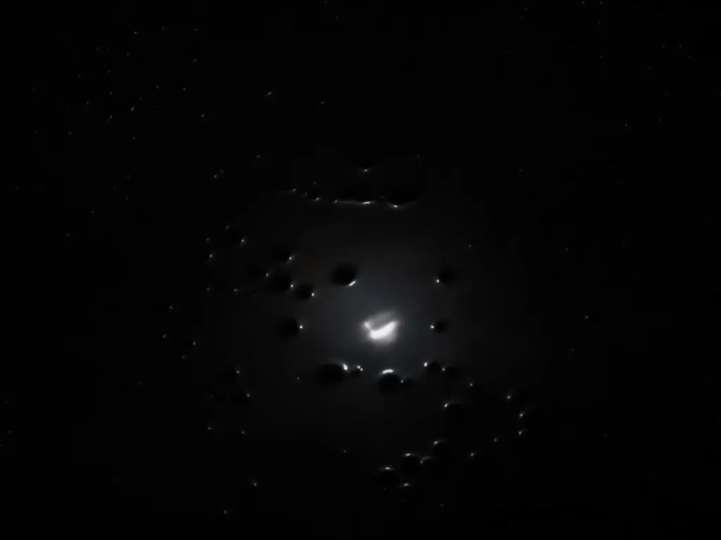 a solar eclipse reflected in a puddle