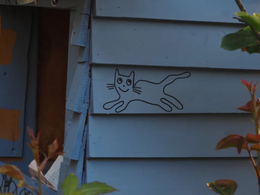 a smiling cartoon cat drawn on a little library