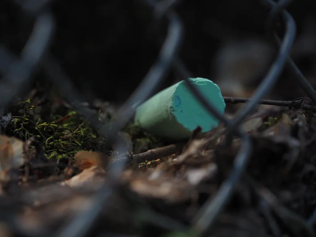 a stick of cyan chalk sitting in some moss