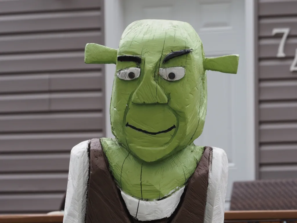 A shrek sculpture carved out of wood