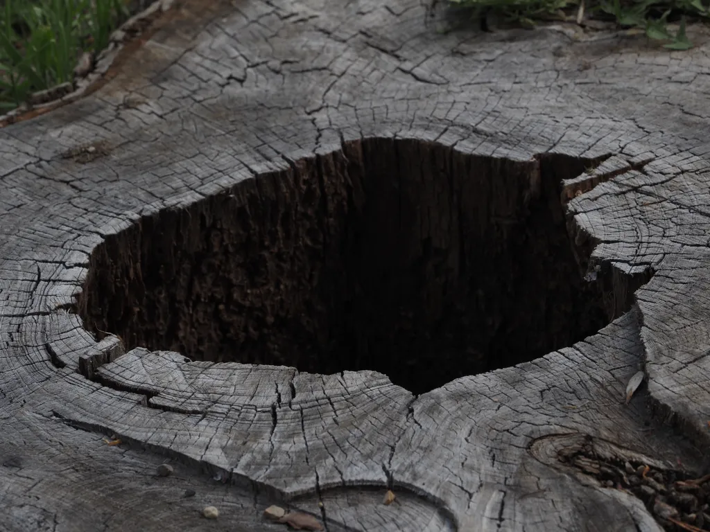 a large hole in the center of an even larger stump