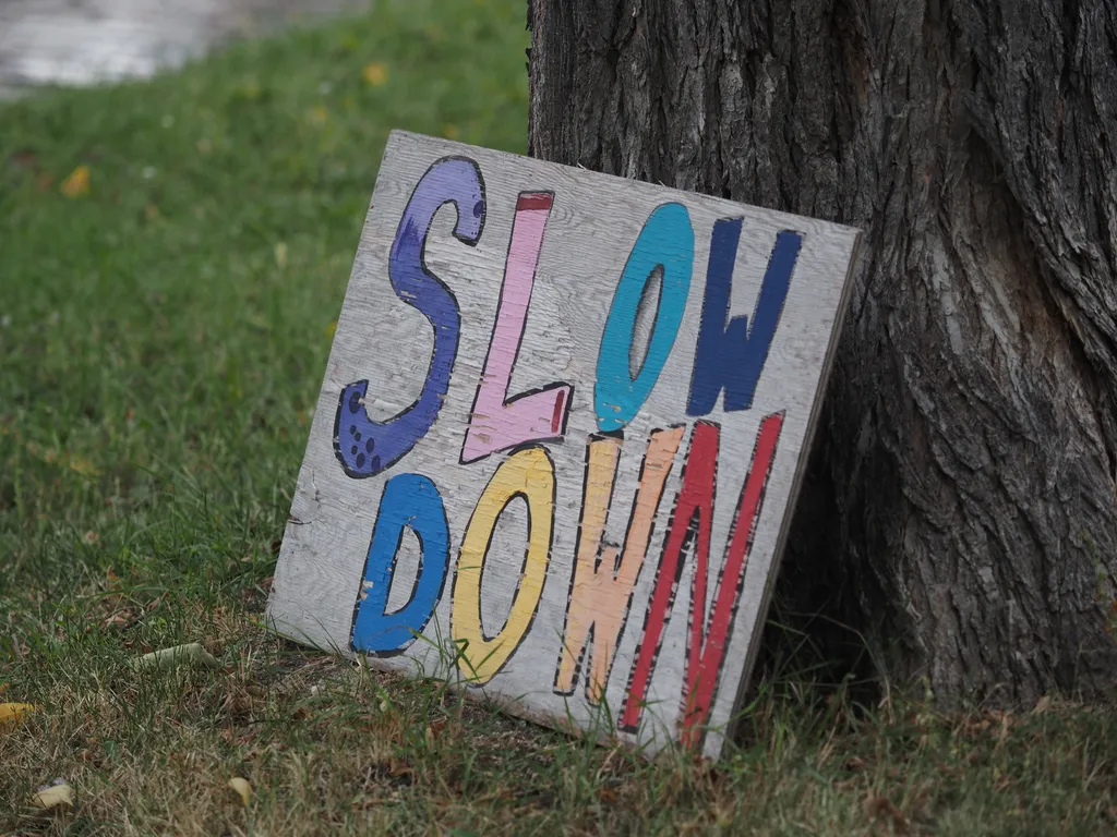 a colourful sign resting against a tree imploring drivers to slow down