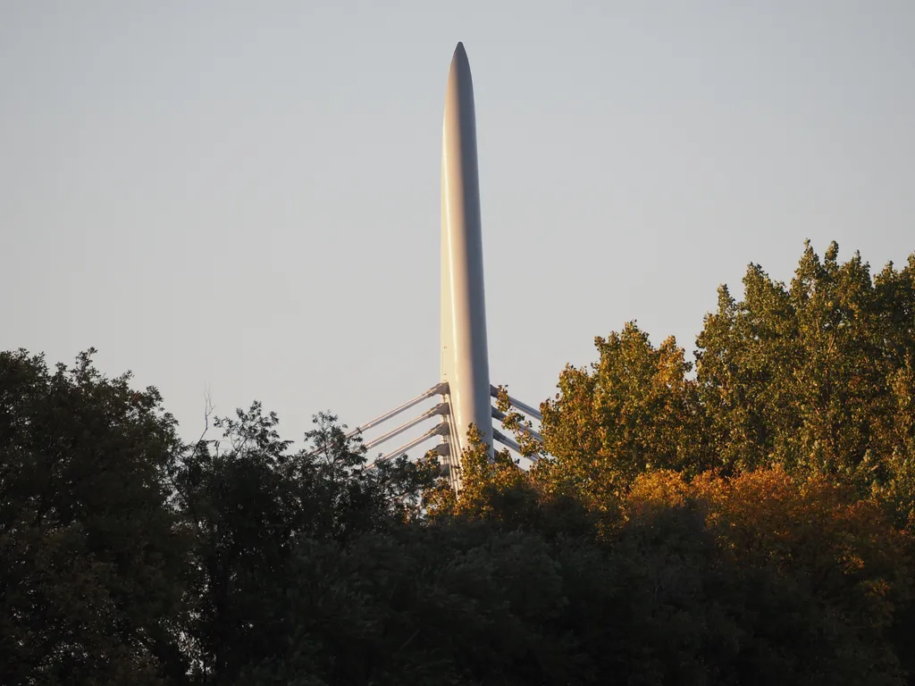 the spire of a suspension bridge behind leaves