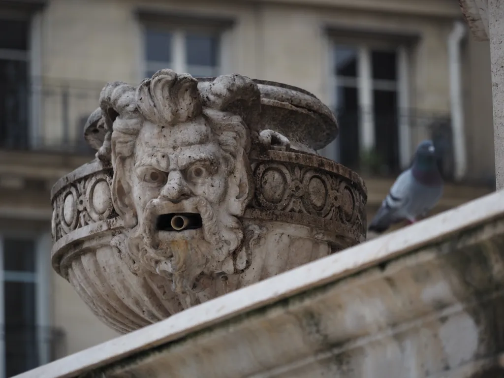 a pigeon standing on the edge of a fountain, in front of a grotesque face. in the mouth of the grotesque is a pipe that would shoot water if the fountain were on