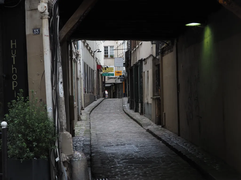 a partially covered alley flanked by buildings