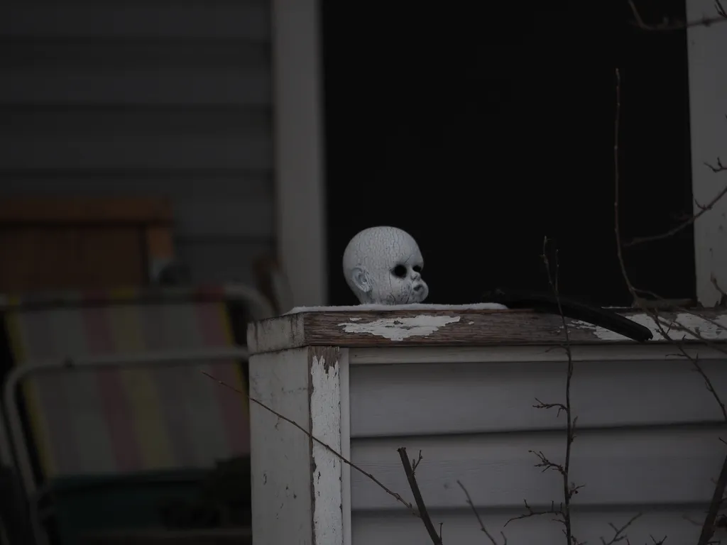 a doll head painted white with black eyes