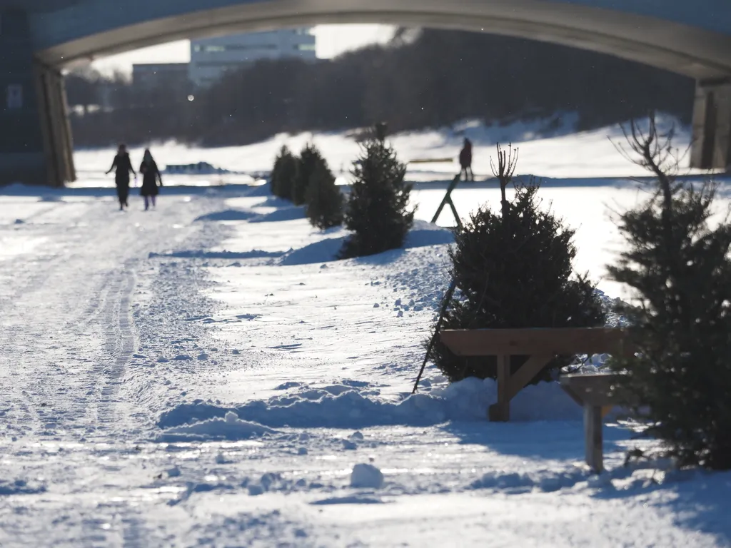 people walking on a frozen river