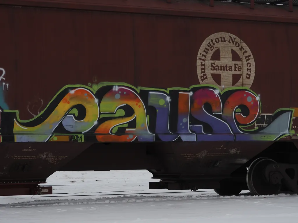 graffiti on the side of a train: pause