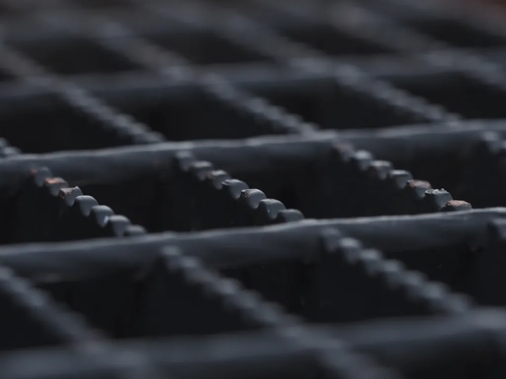 a close-up of the metal walkway at the end of a train car