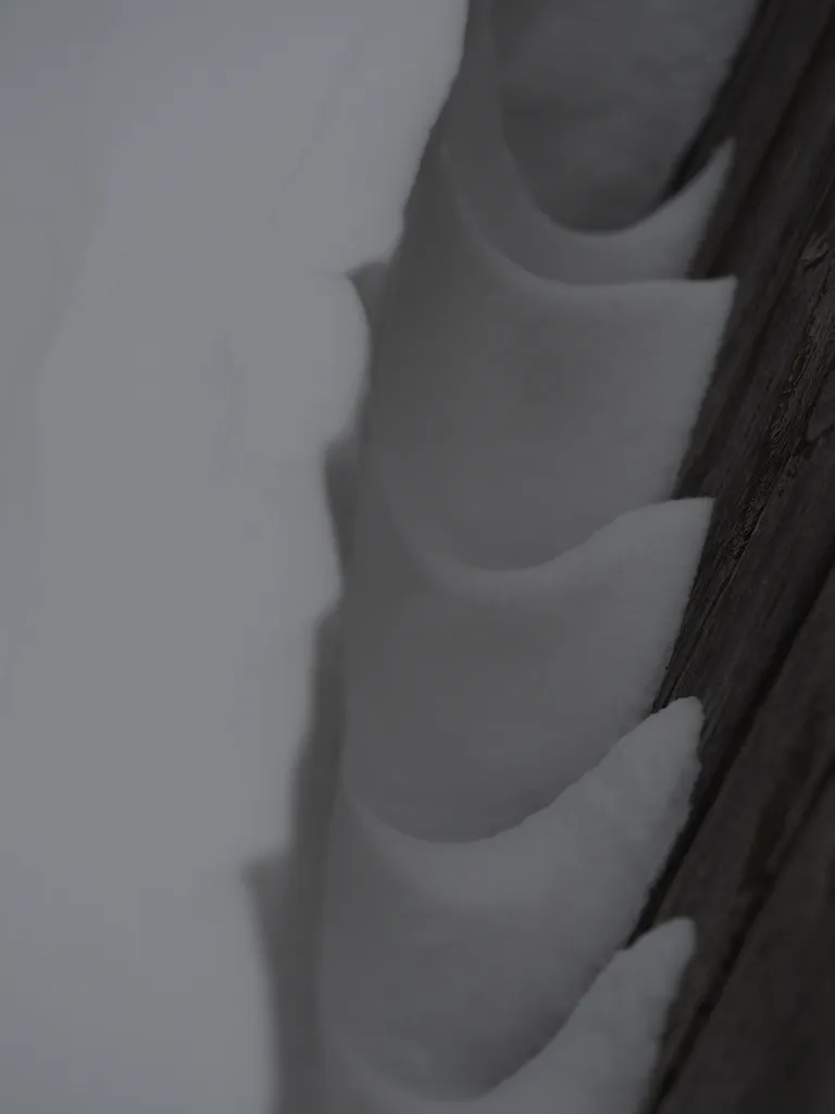 wind-blown patterns in the snow along a fence