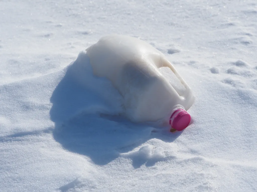 a full carton of milk buried in snow