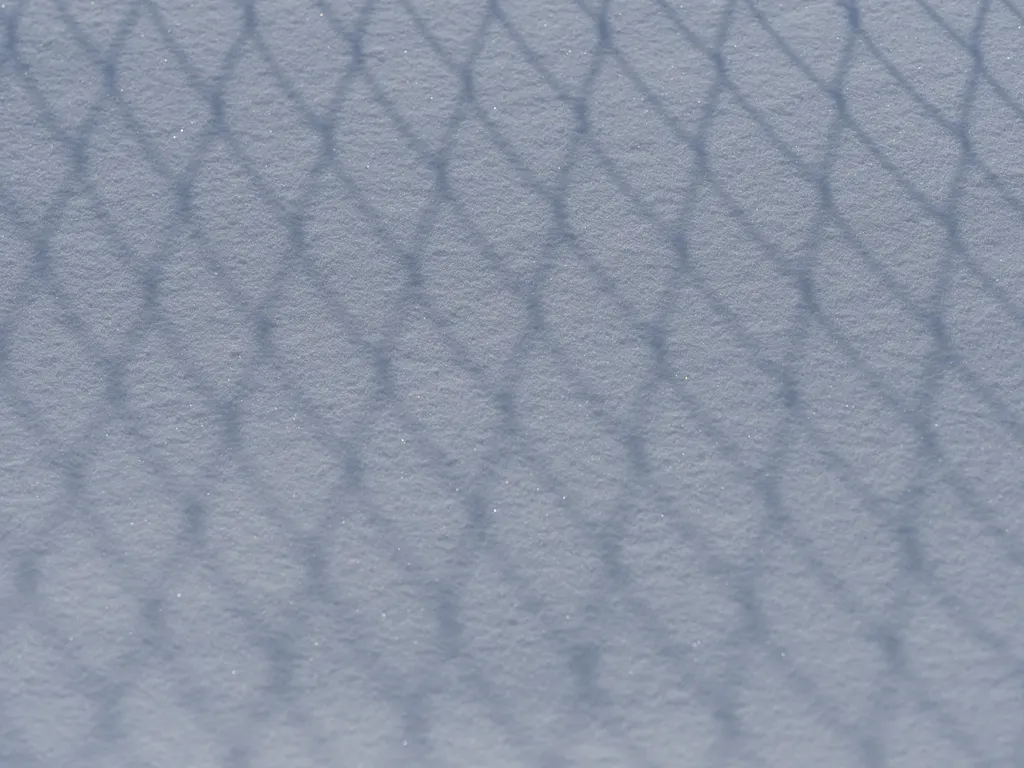 a fence's shadow on snow