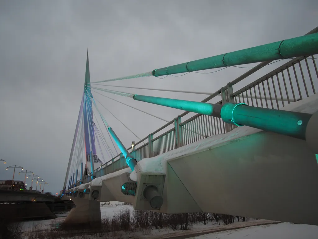 a bridge lit up by spotlights