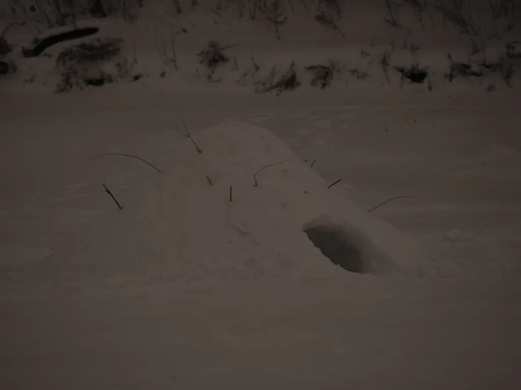 a snow hut at night