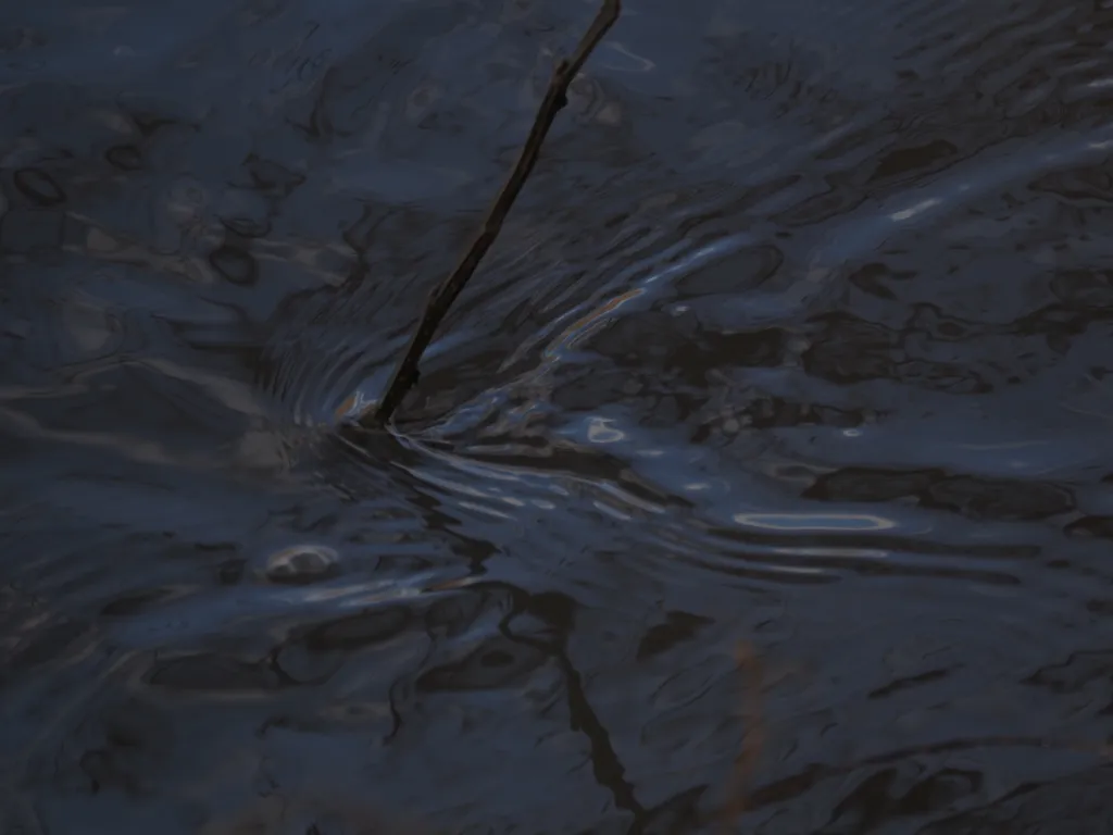ripples in a flowing river caused by a stick