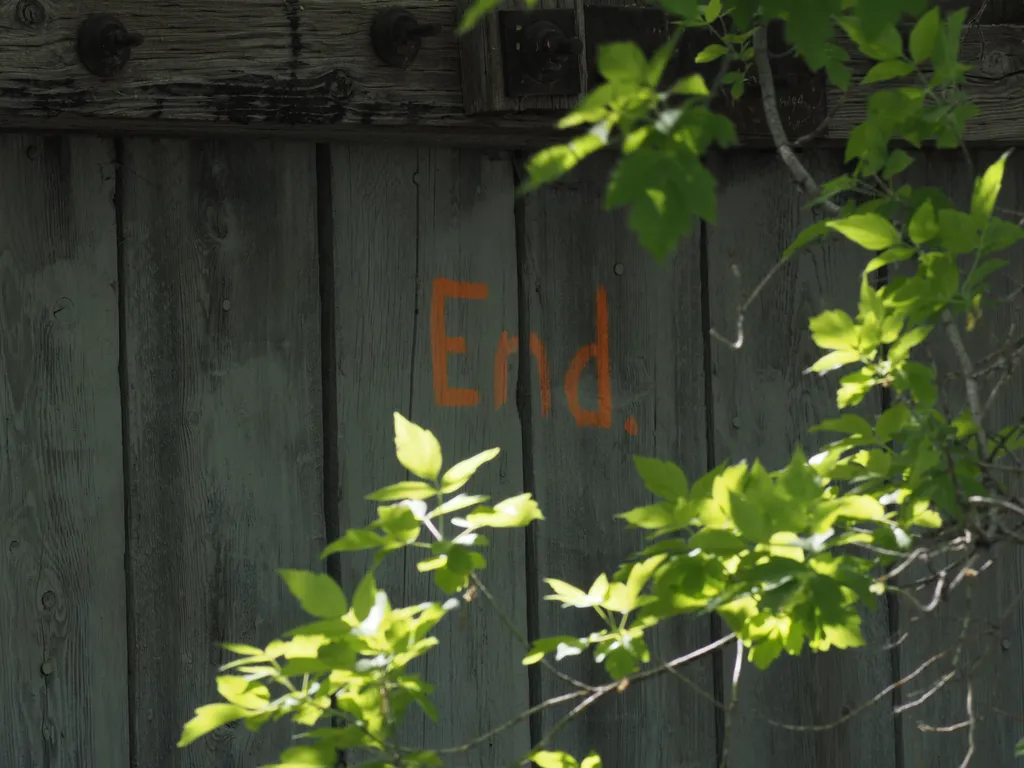 orange graffiti on a wooden wall: End.