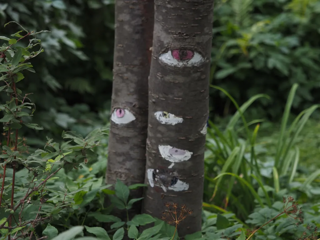 an aspen tree with the eyes painted in