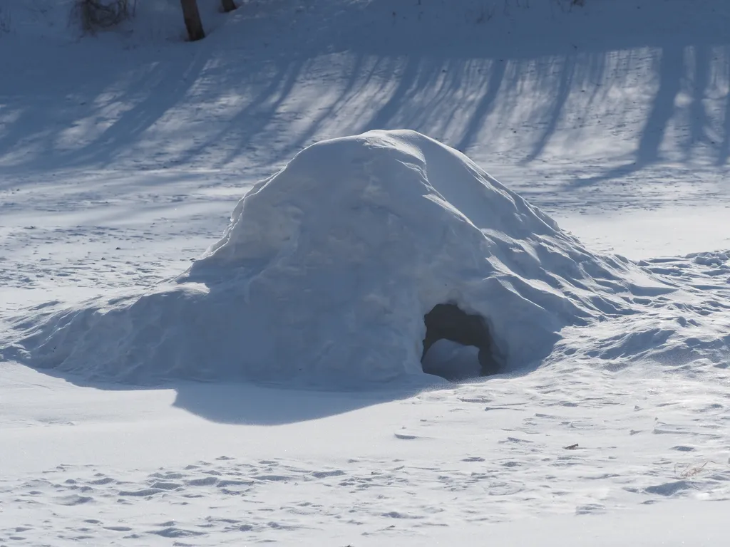 a snow hut on a frozen river