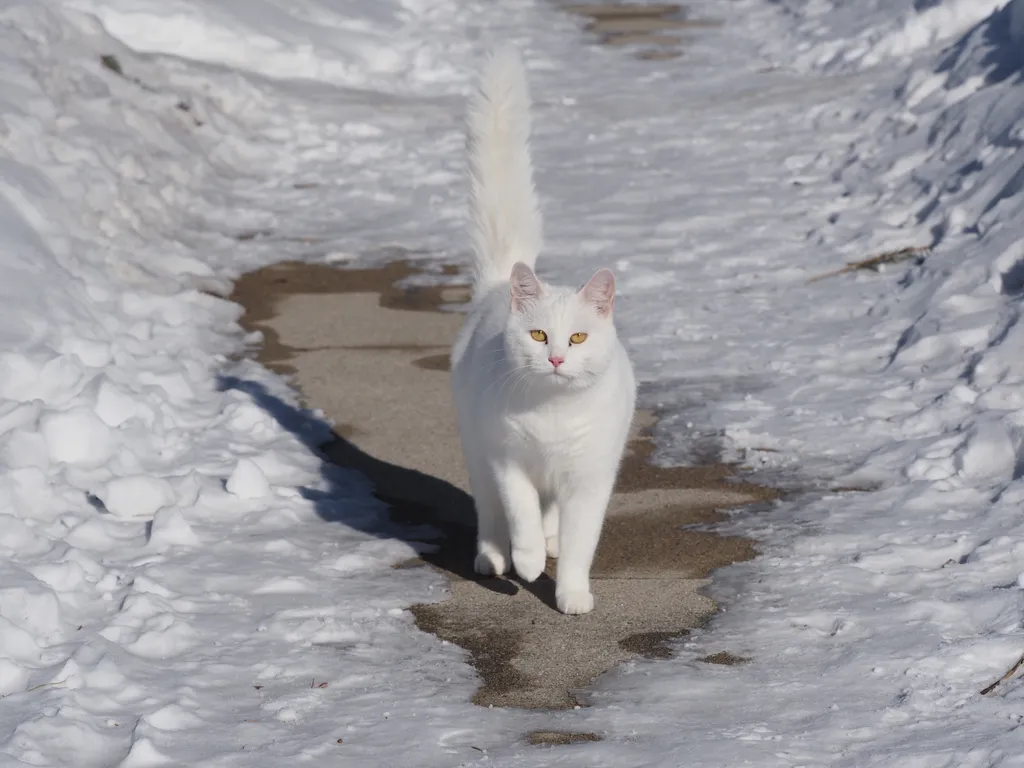 a white cat walks down a snowy sidwalk toward the camera